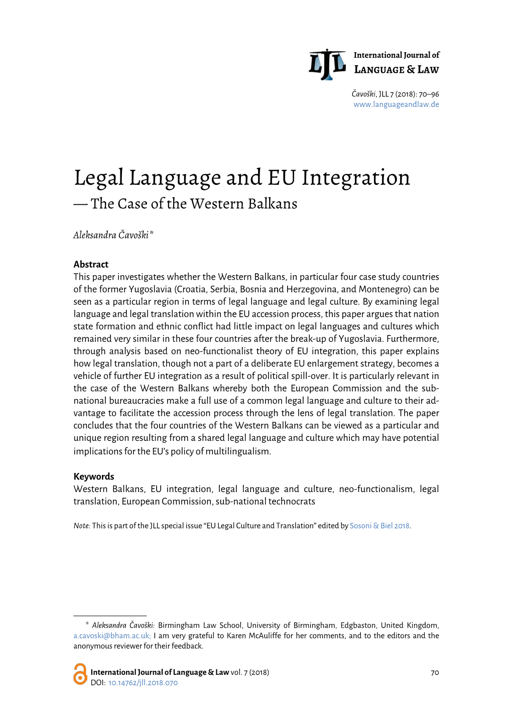 Legal Language and EU Integration — the Case of the Western Balkans