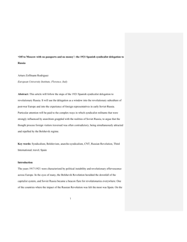 1 'Off to Moscow with No Passports and No Money': the 1921 Spanish Syndicalist Delegation to Russia Arturo Zoffmann Rodrigue
