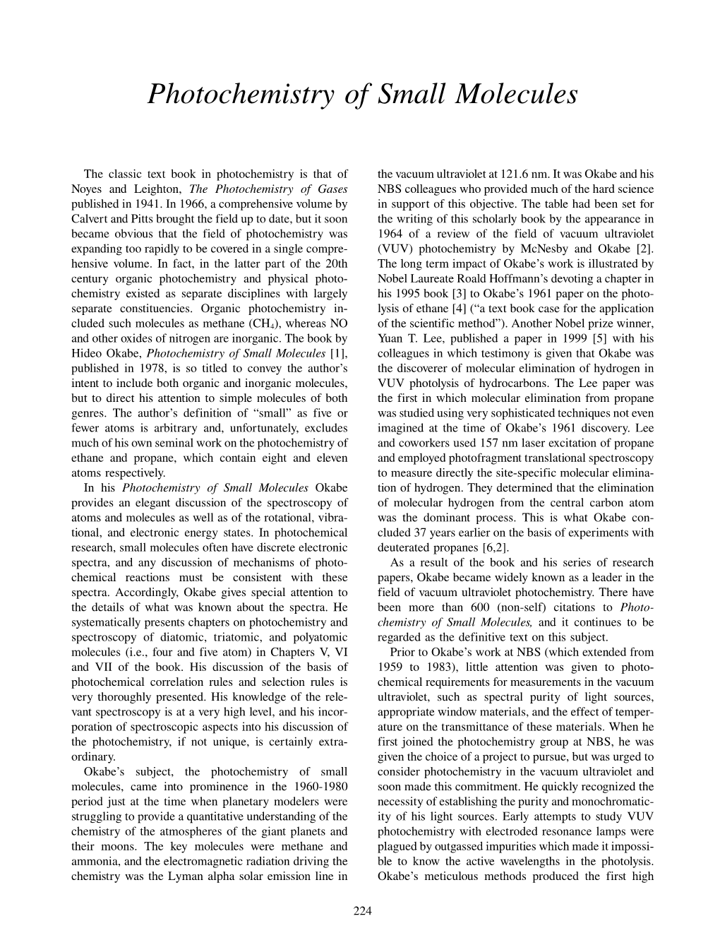 Photochemistry of Small Molecules