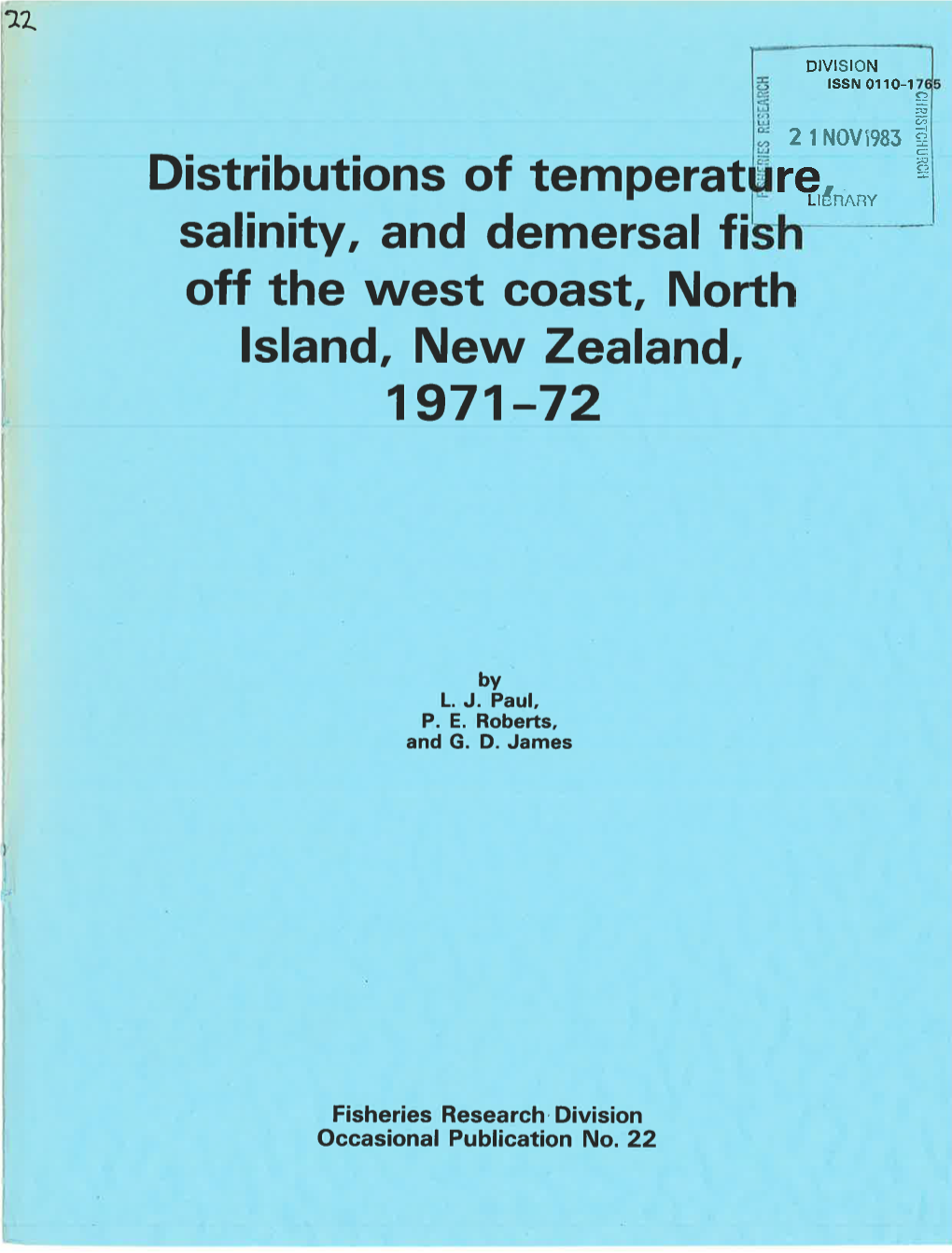 Salinity, and Demersal F¡ Off the West Coast, North Fsland, New Zealand, 1971-72