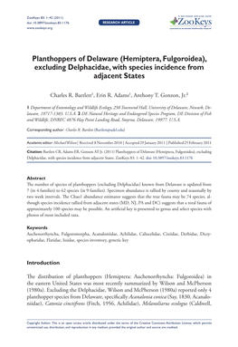 Planthoppers of Delaware (Hemiptera, Fulgoroidea), Excluding Delphacidae, with Species Incidence from Adjacent States