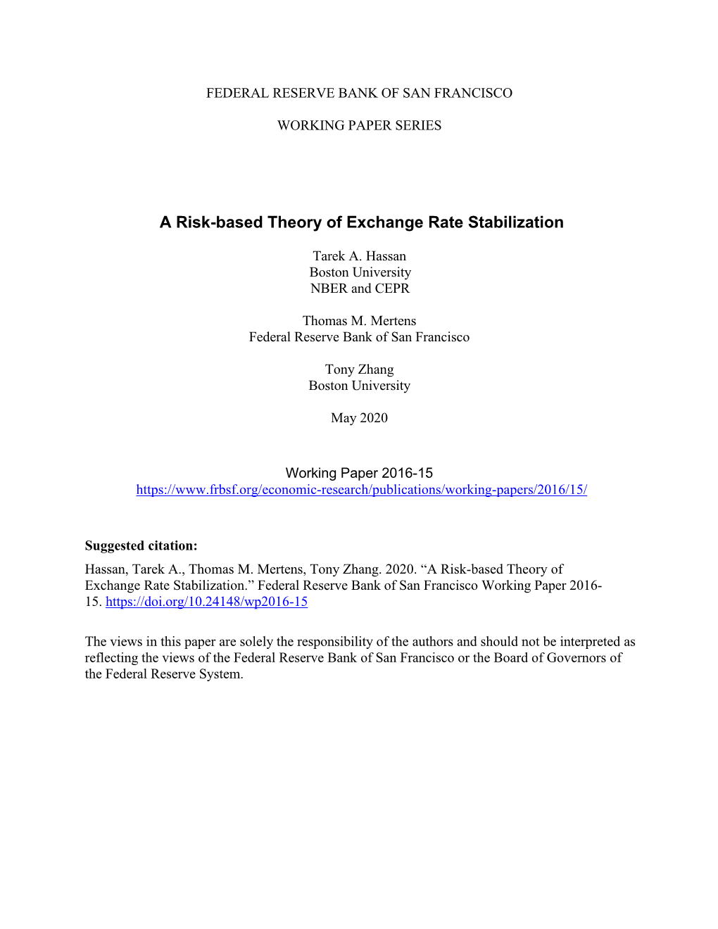 A Risk-Based Theory of Exchange Rate Stabilization