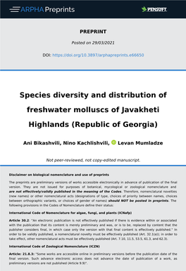 Species Diversity and Distribution of Freshwater Molluscs of Javakheti Highlands (Republic of Georgia)