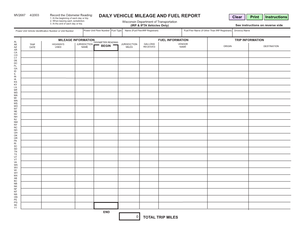 Daily Vehicle Mileage and Fuel Report (Form MV2687)