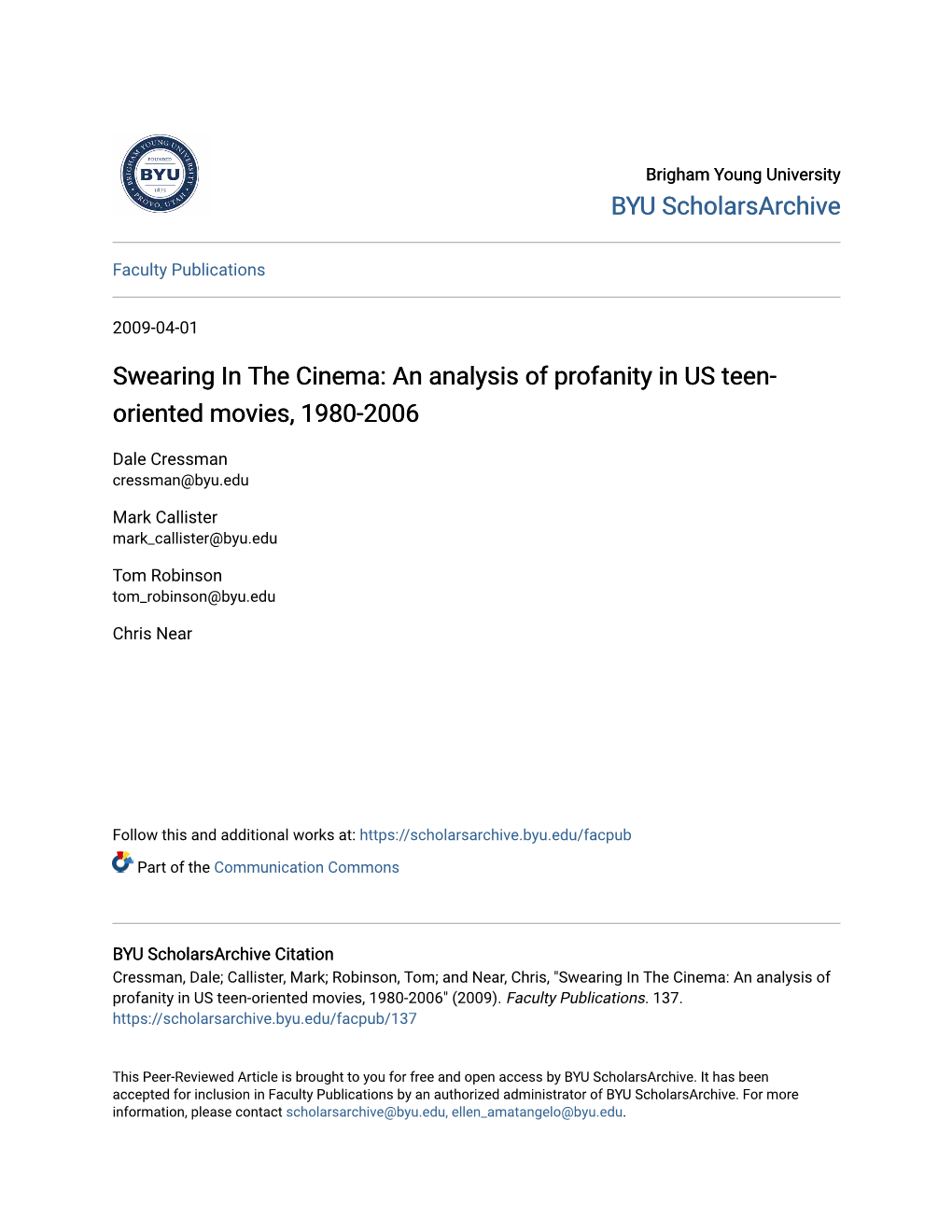 An Analysis of Profanity in US Teen-Oriented Movies, 1980-2006