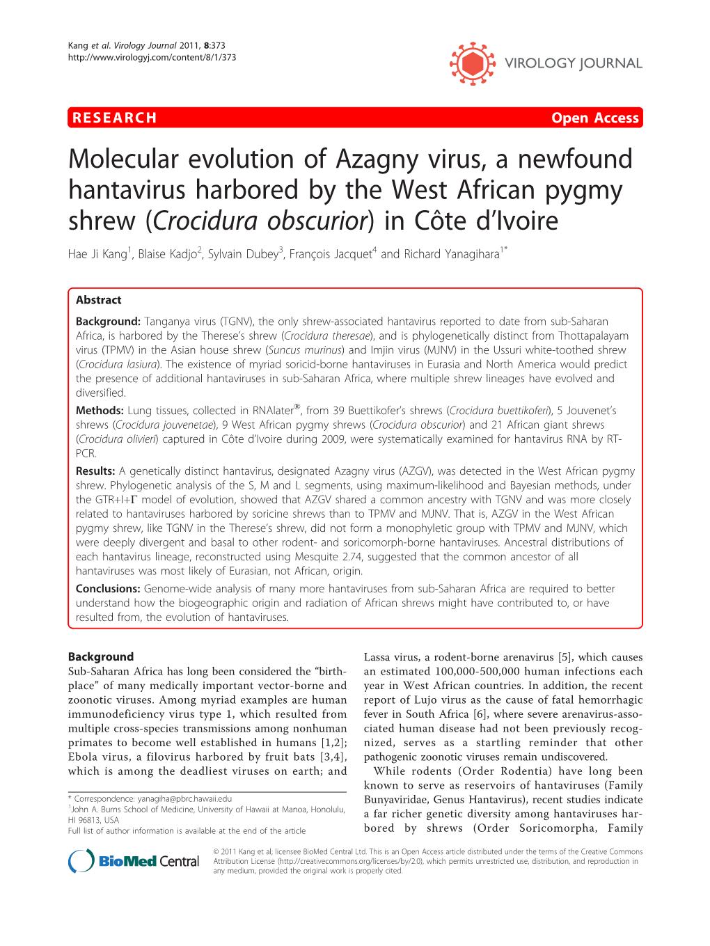 Molecular Evolution of Azagny Virus, a Newfound Hantavirus Harbored by the West African Pygmy Shrew (Crocidura Obscurior) in Cô