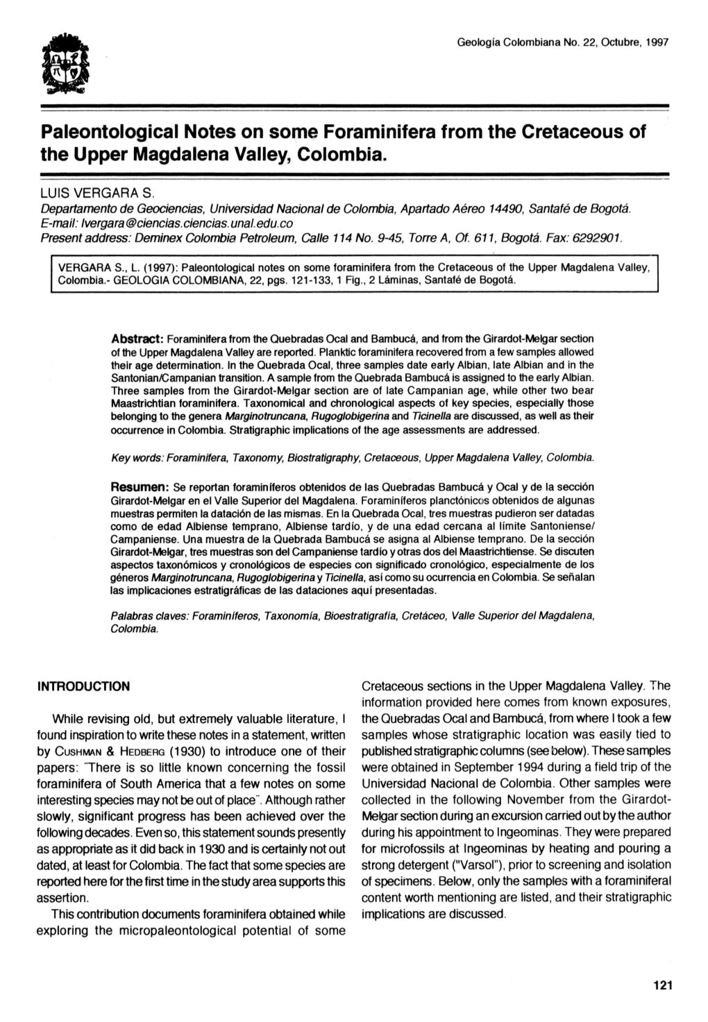 Paleontological Notes on Some Foraminifera from the Cretaceous of the Upper Magdalena Valley, Colombia