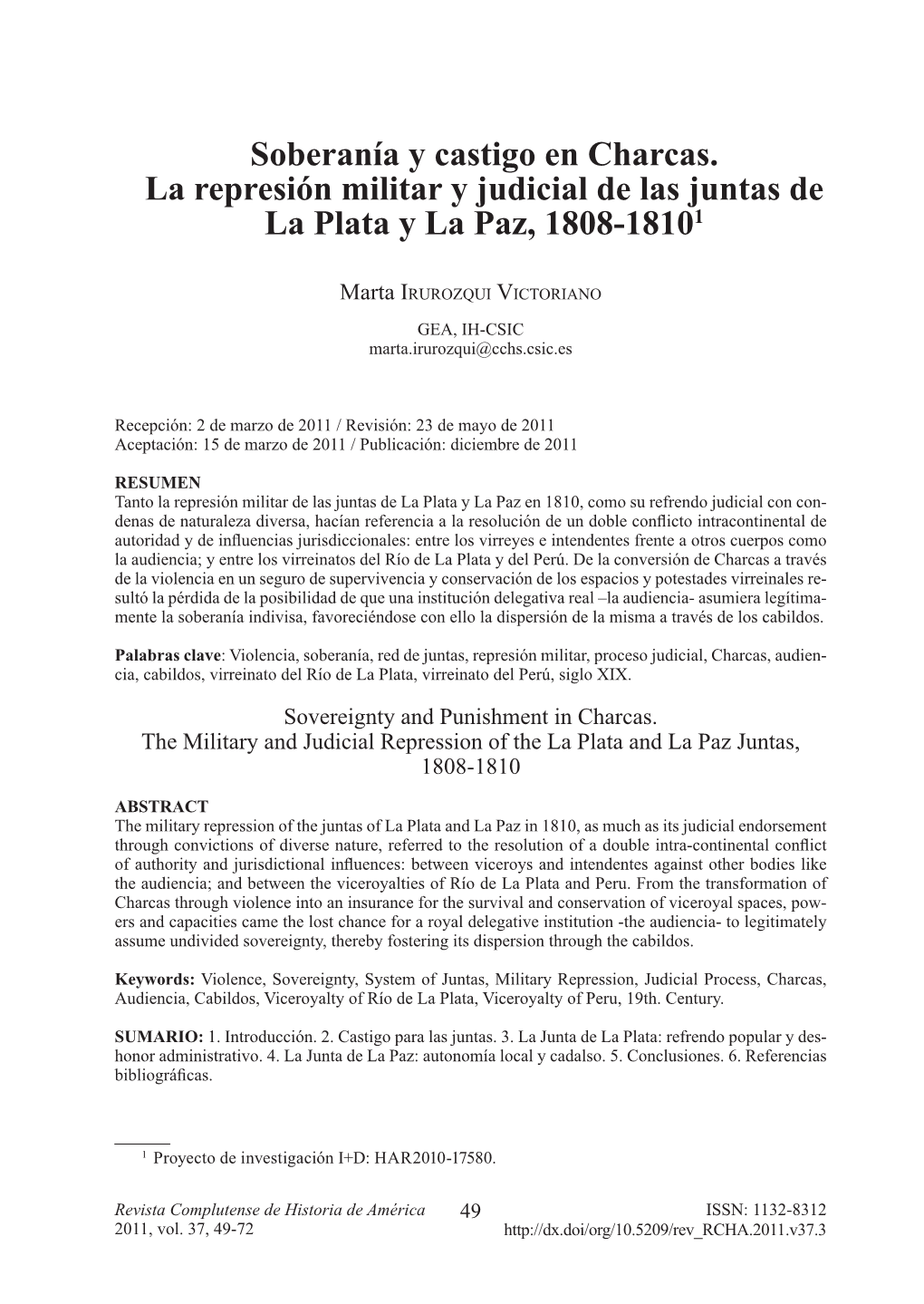 Soberanía Y Castigo En Charcas. La Represión Militar Y Judicial De Las Juntas De La Plata Y La Paz, 1808-18101
