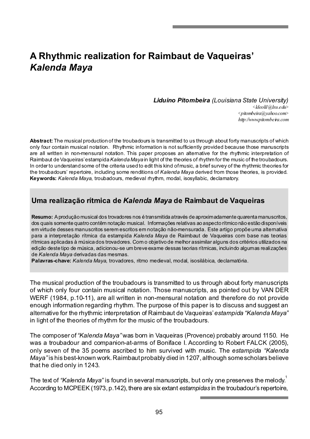 A Rhythmic Realization for Raimbaut De Vaqueiras' Kalenda Maya