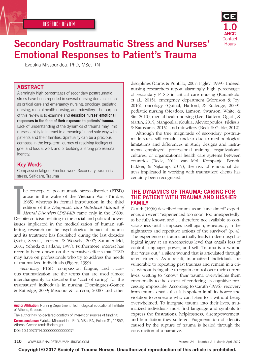 Secondary Posttraumatic Stress and Nurses' Emotional Responses To
