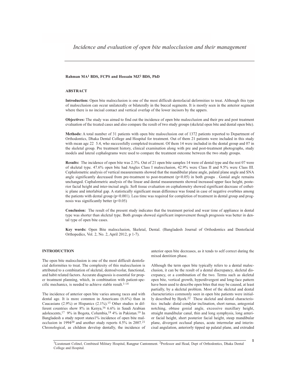 Incidence and Evaluation of Open Bite Malocclusion and Their Management