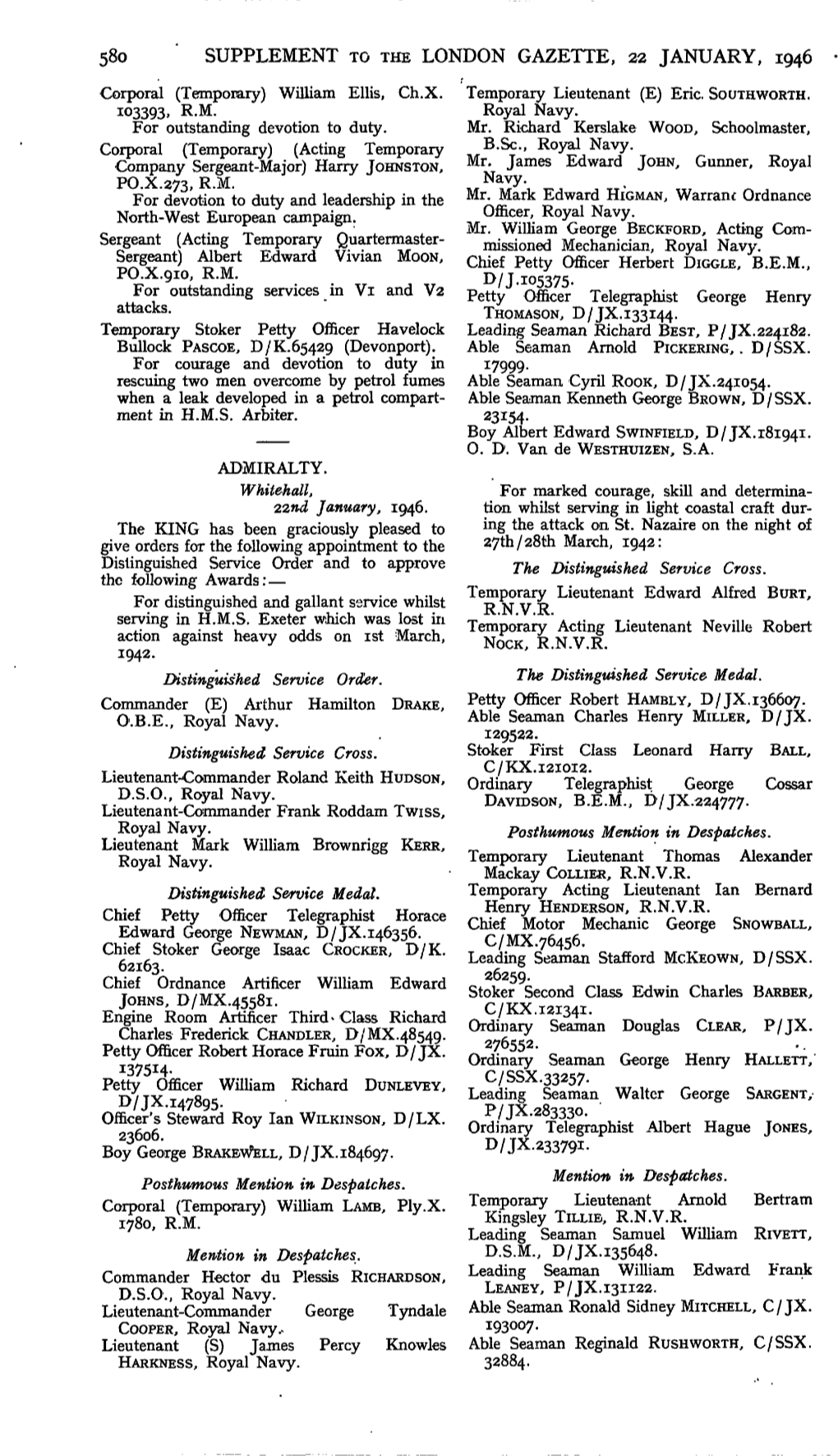 58O SUPPLEMENT to the LONDON GAZETTE, 22 JANUARY, 1946 Corporal (Temporary) William Ellis, Ch.X