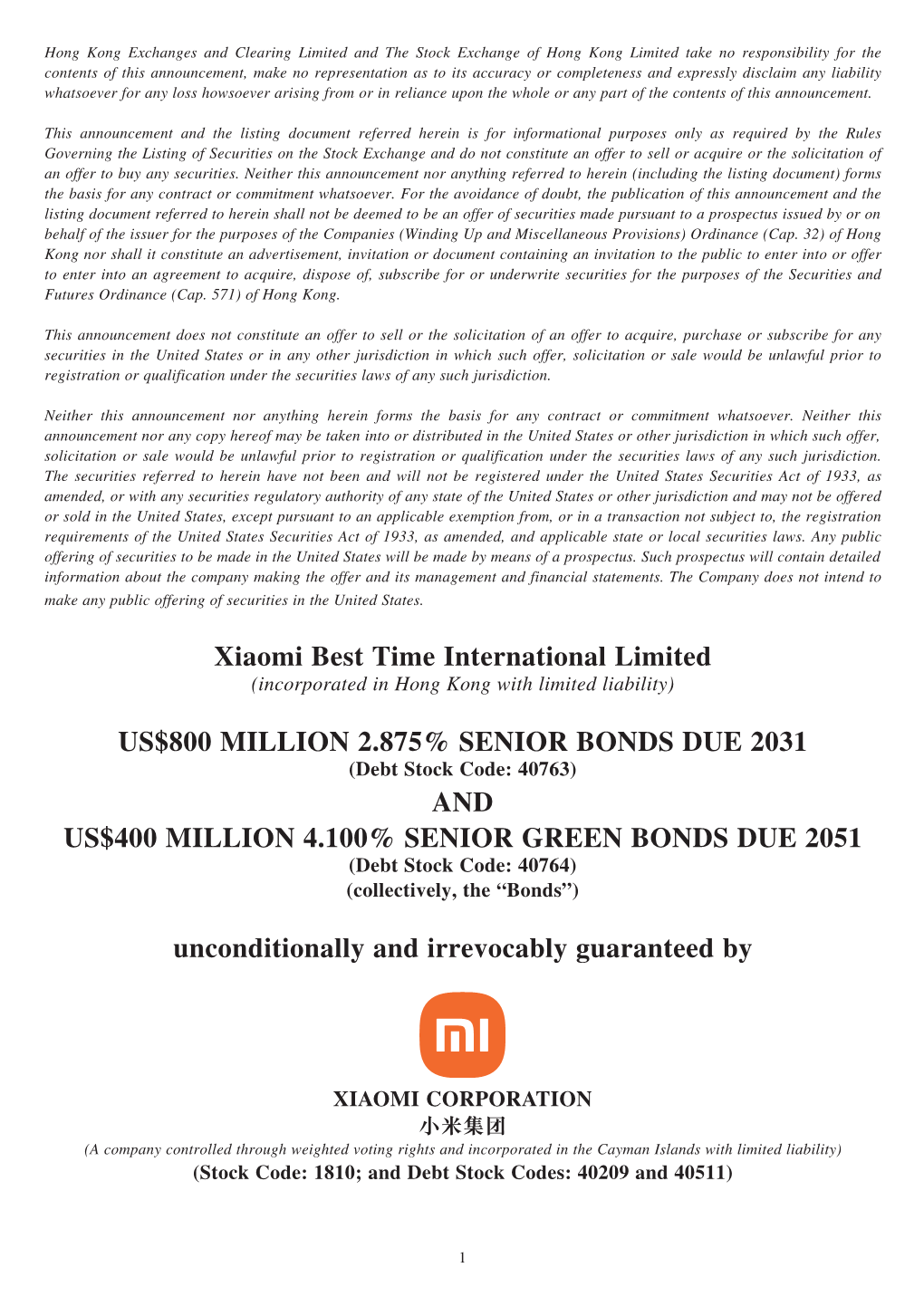 Xiaomi Best Time International Limited US$800 MILLION 2.875
