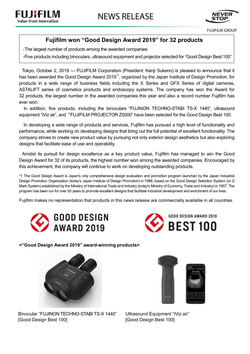 Fujifilm Won “Good Design Award 2019” for 32 Products