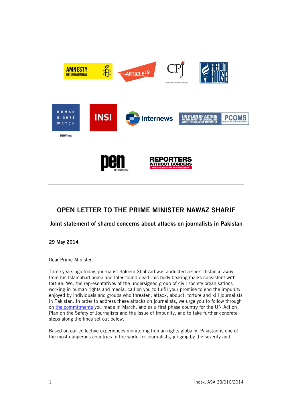 Open Letter to the Prime Minister Nawaz Sharif