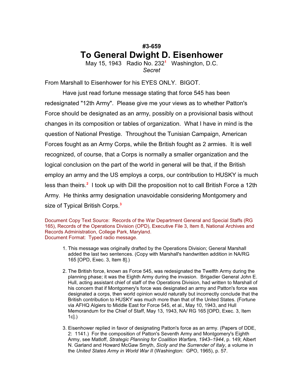 To General Dwight D. Eisenhower