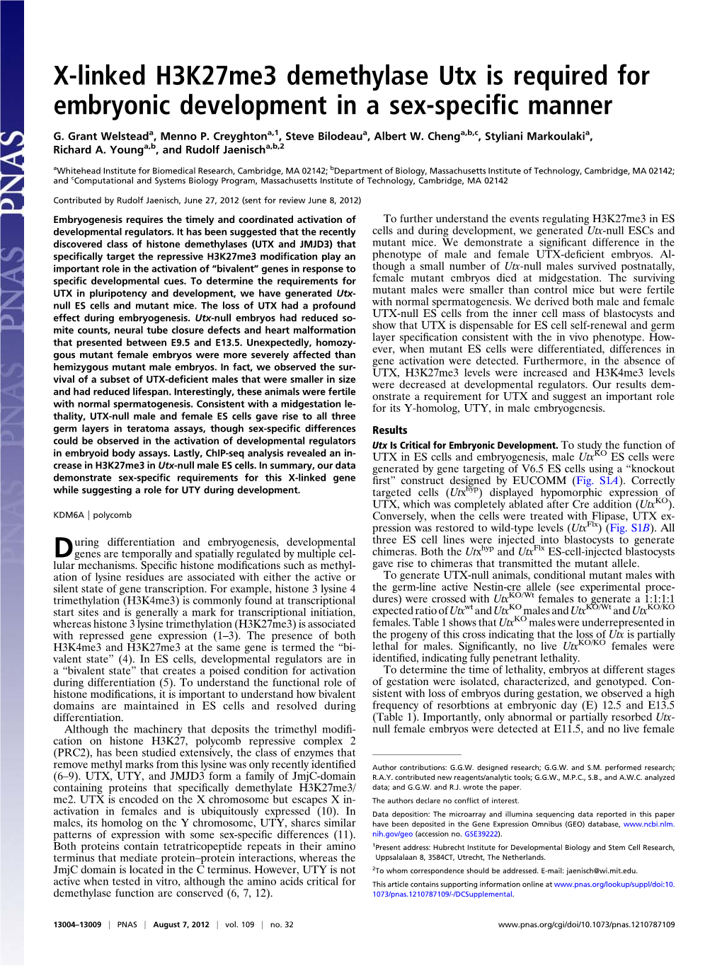 X-Linked H3k27me3 Demethylase Utx Is Required for Embryonic Development in a Sex-Speciﬁc Manner