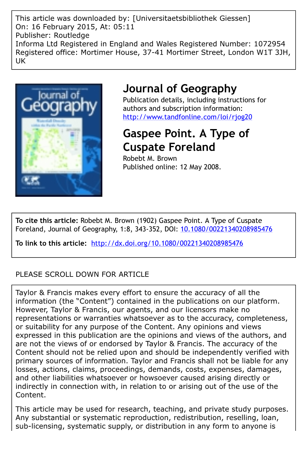 Journal of Geography Gaspee Point. a Type of Cuspate Foreland