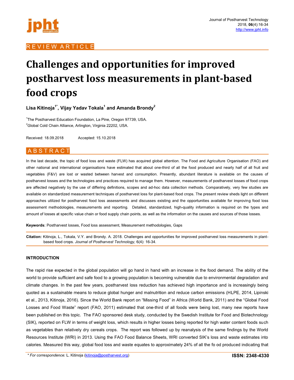 Challenges and Opportunities for Improved Postharvest Loss Measurements in Plant-Based Food Crops