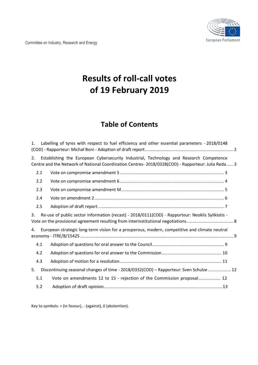 Results of Roll-Call Votes of 19 February 2019