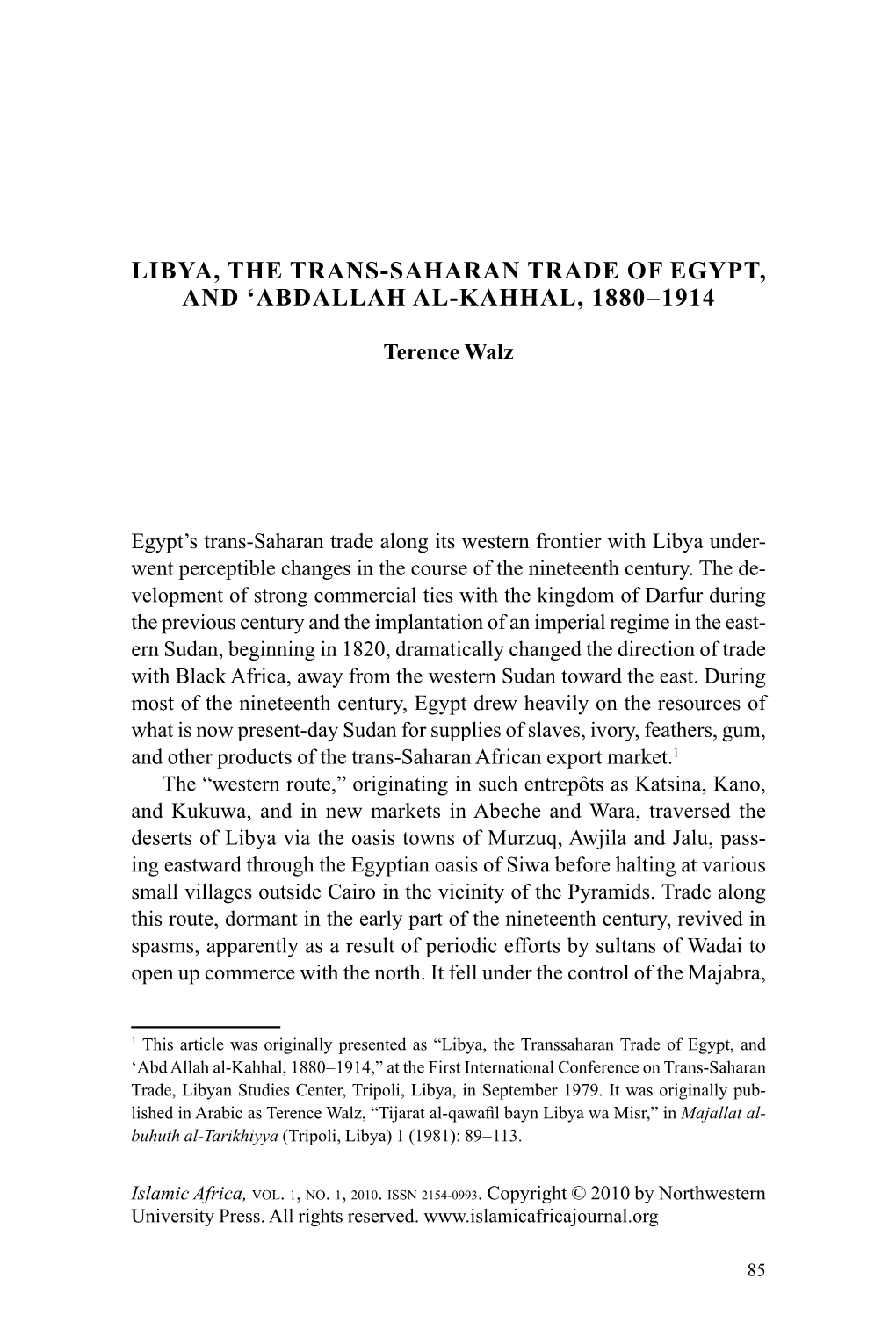 Libya, the Trans- Saharan Trade of Egypt, and 'Abdallah Al- Kahhal, 1880