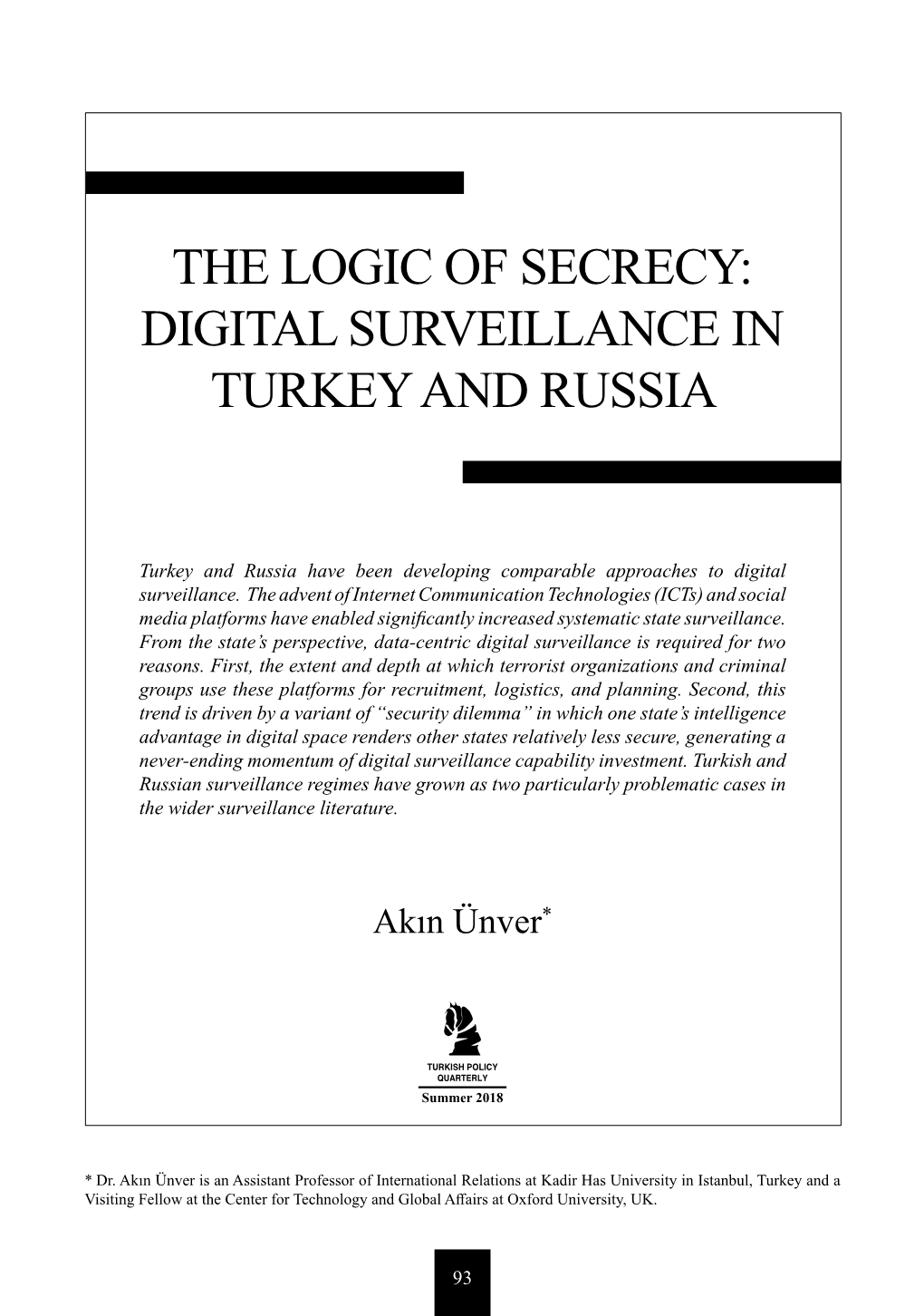 The Logic of Secrecy: Digital Surveillance in Turkey and Russia