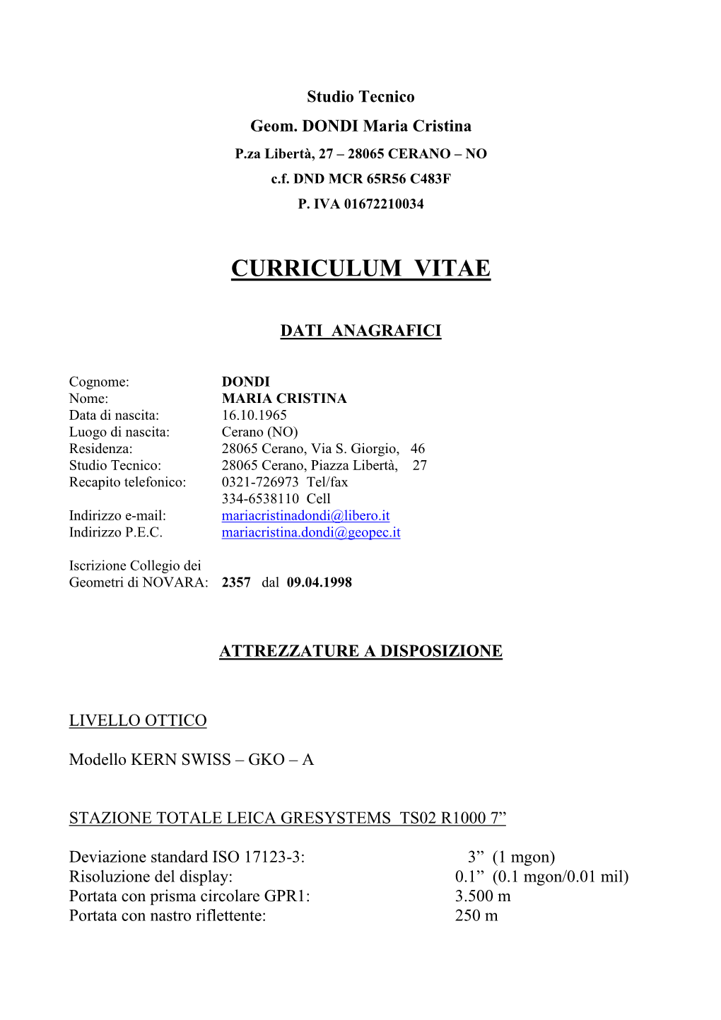 CURRICULUM VITAE DONDI MARIA CRISTINA Aggiorn 03.09.2013