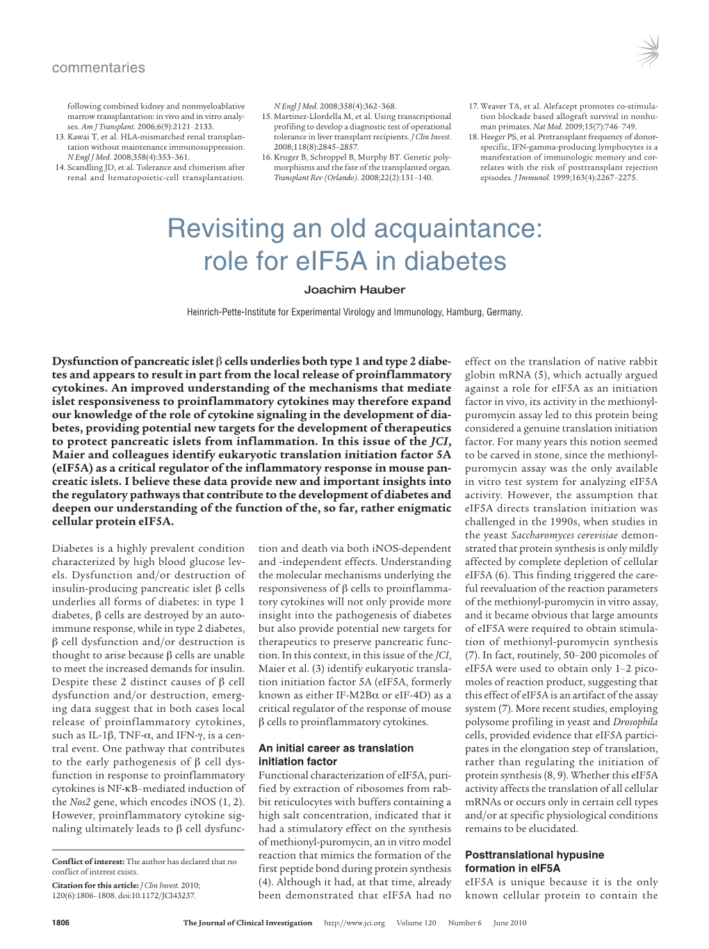 Role for Eif5a in Diabetes Joachim Hauber