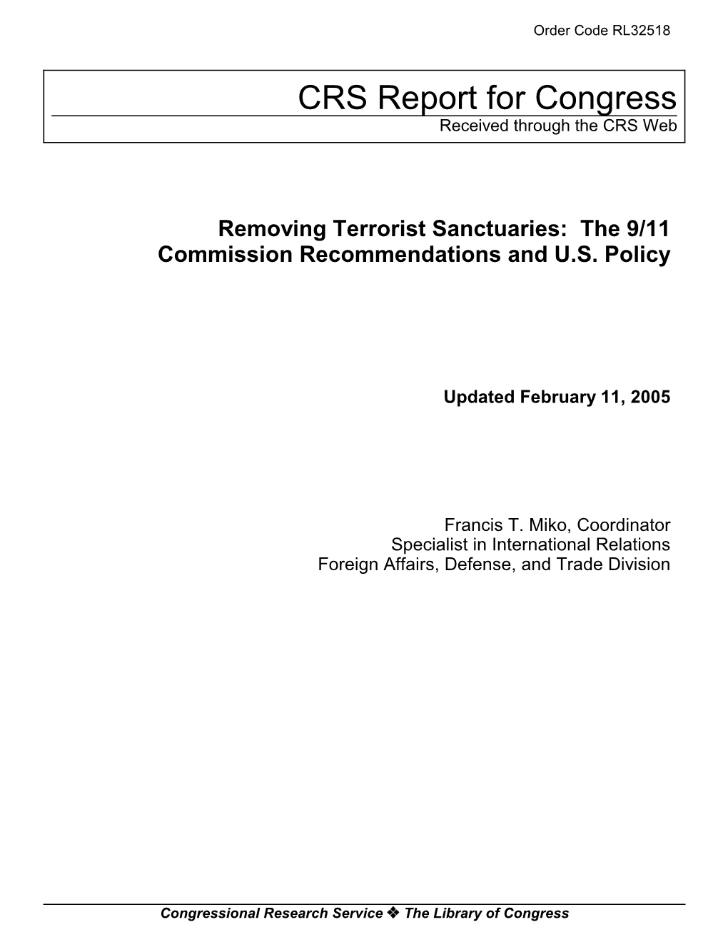 Removing Terrorist Sanctuaries: the 9/11 Commission Recommendations and U.S
