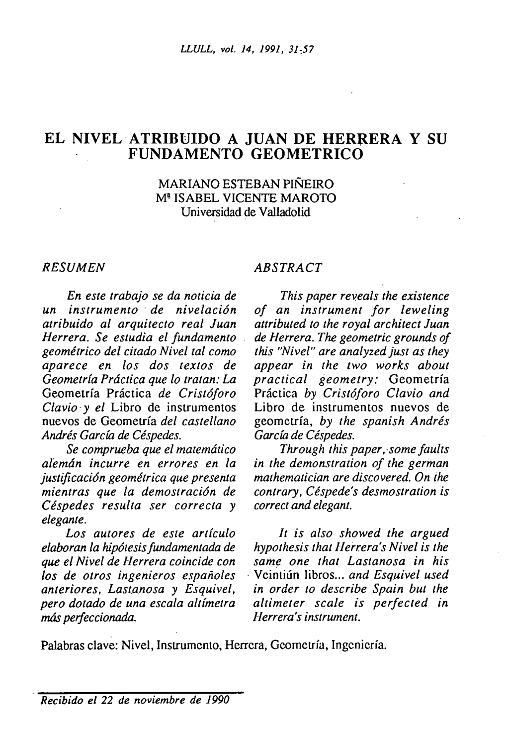 El Nivel Atribuido a Juan De Herrera Y Su Fundamento Geometrico