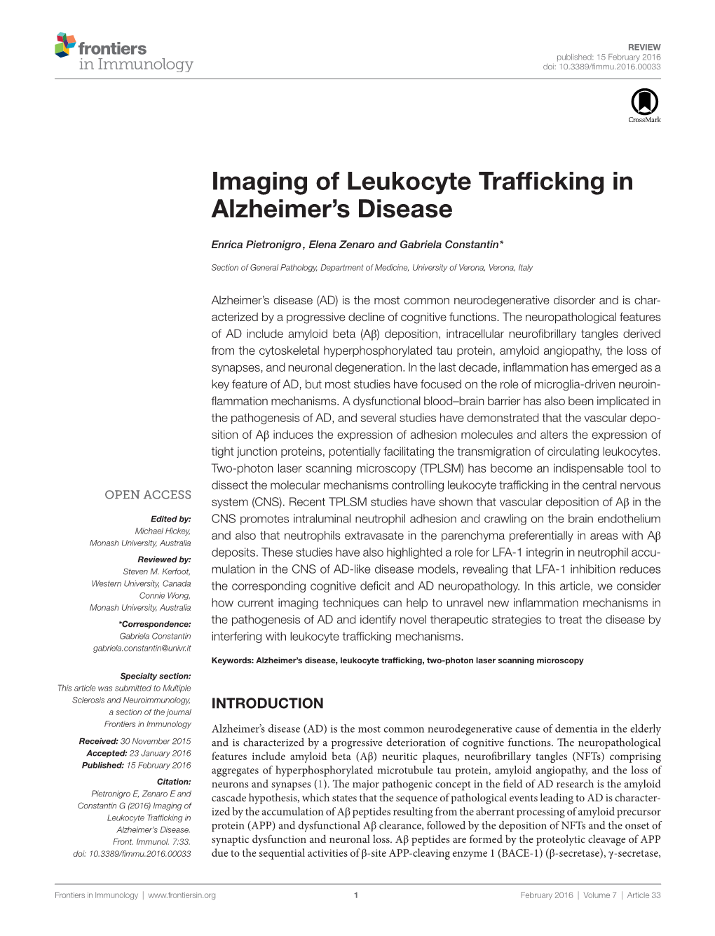 Imaging of Leukocyte Trafficking in Alzheimer's Disease
