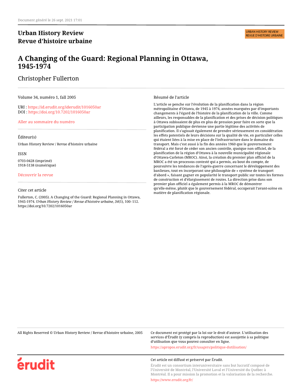 Regional Planning in Ottawa, 1945-1974 Christopher Fullerton