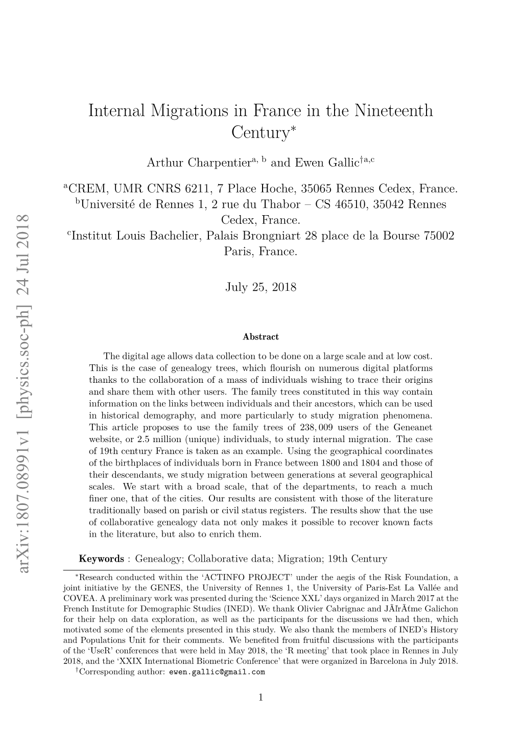 Internal Migrations in France in the Nineteenth Century Arxiv