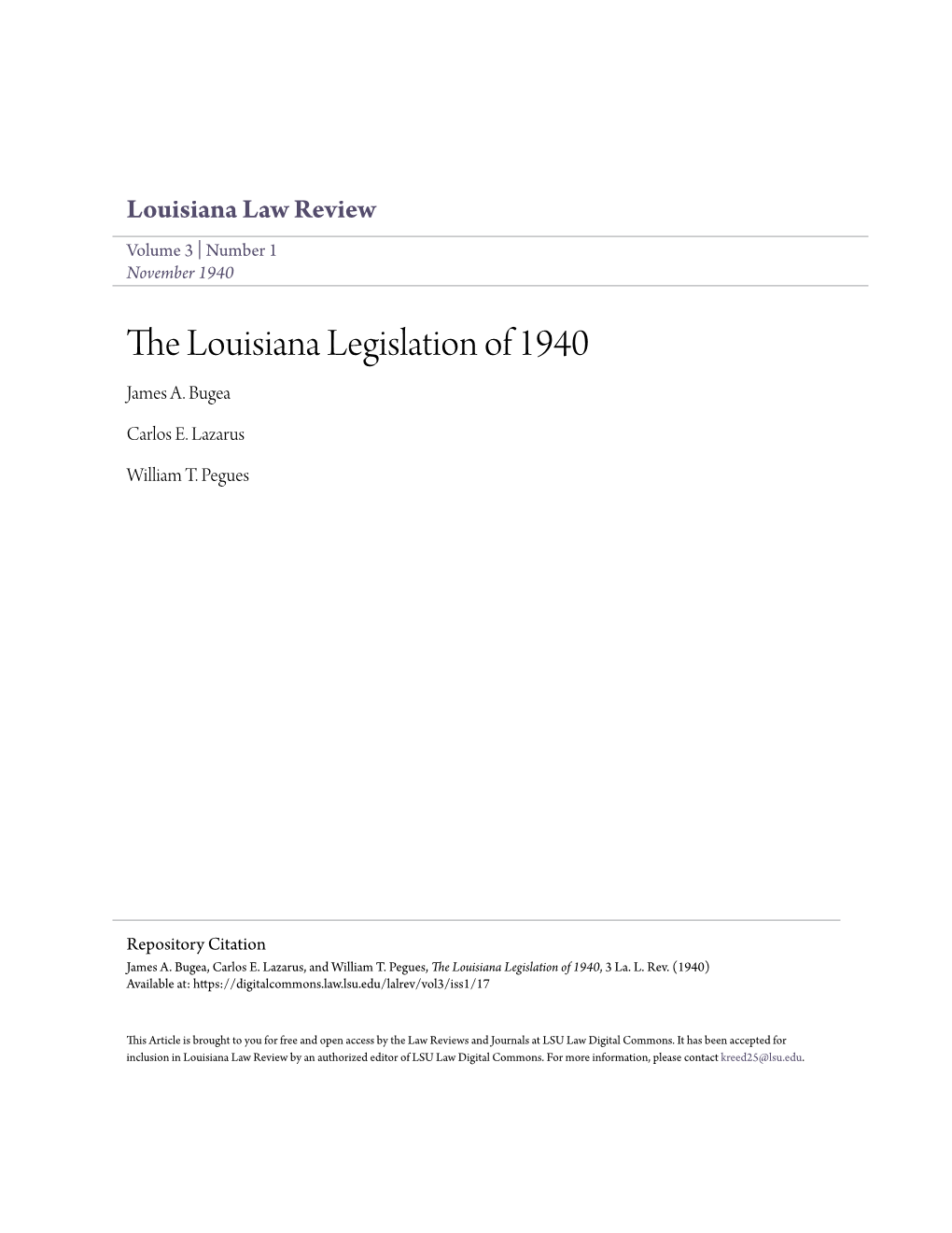 The Louisiana Legislation of 1940 James A