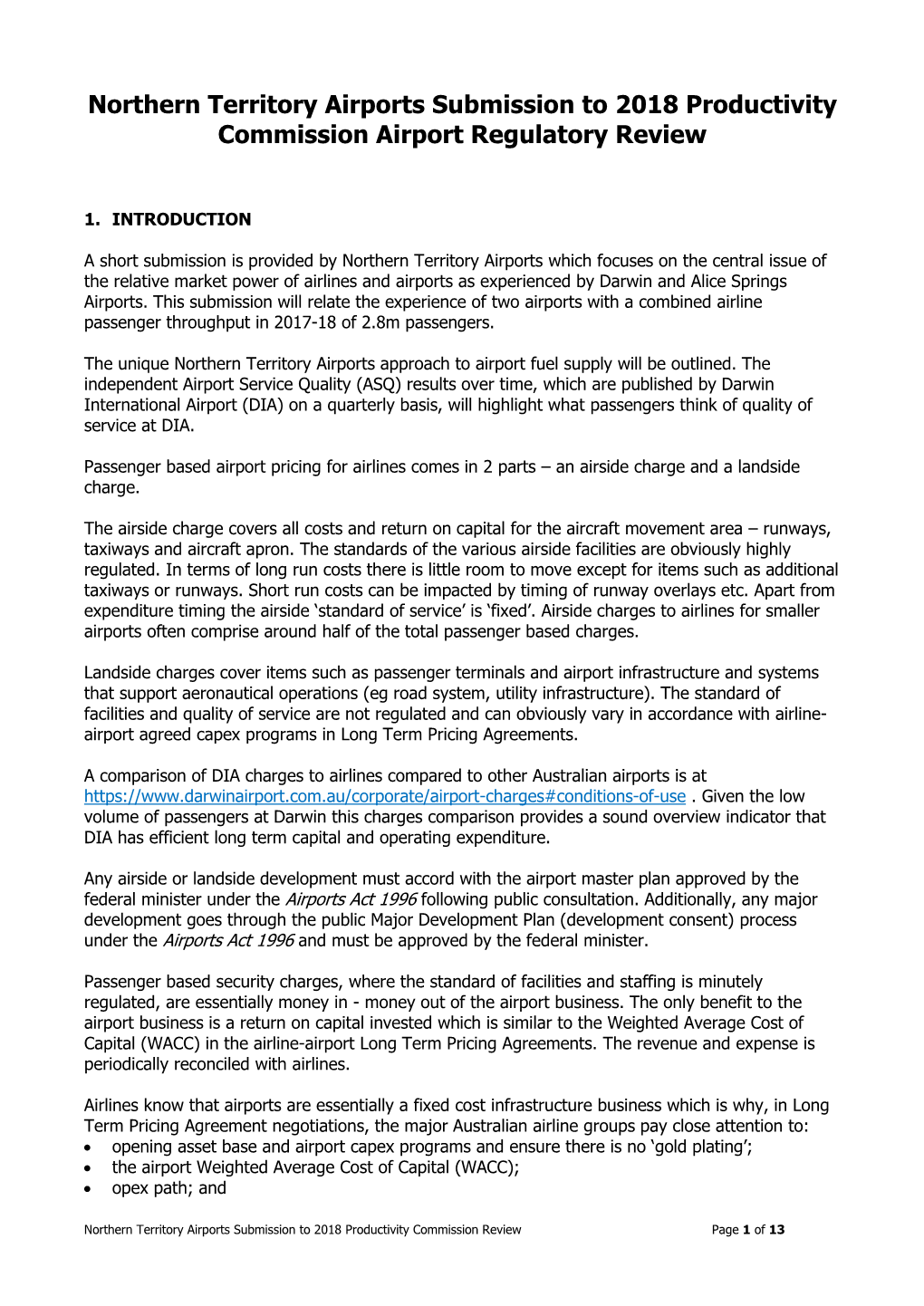 Northern Territory Airports Submission to 2018 Productivity Commission Airport Regulatory Review