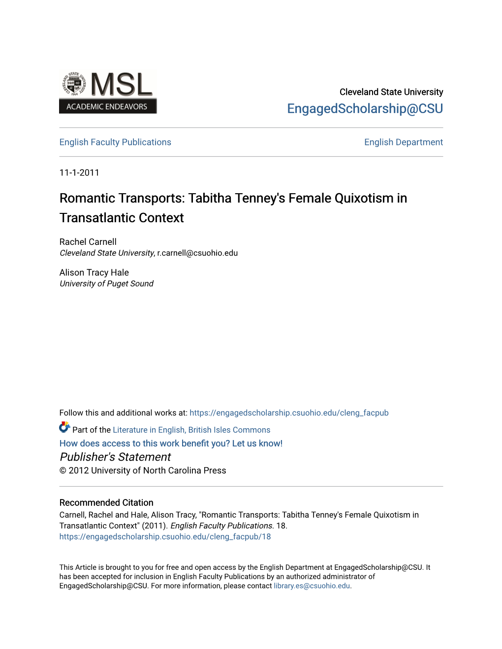 Tabitha Tenney's Female Quixotism in Transatlantic Context