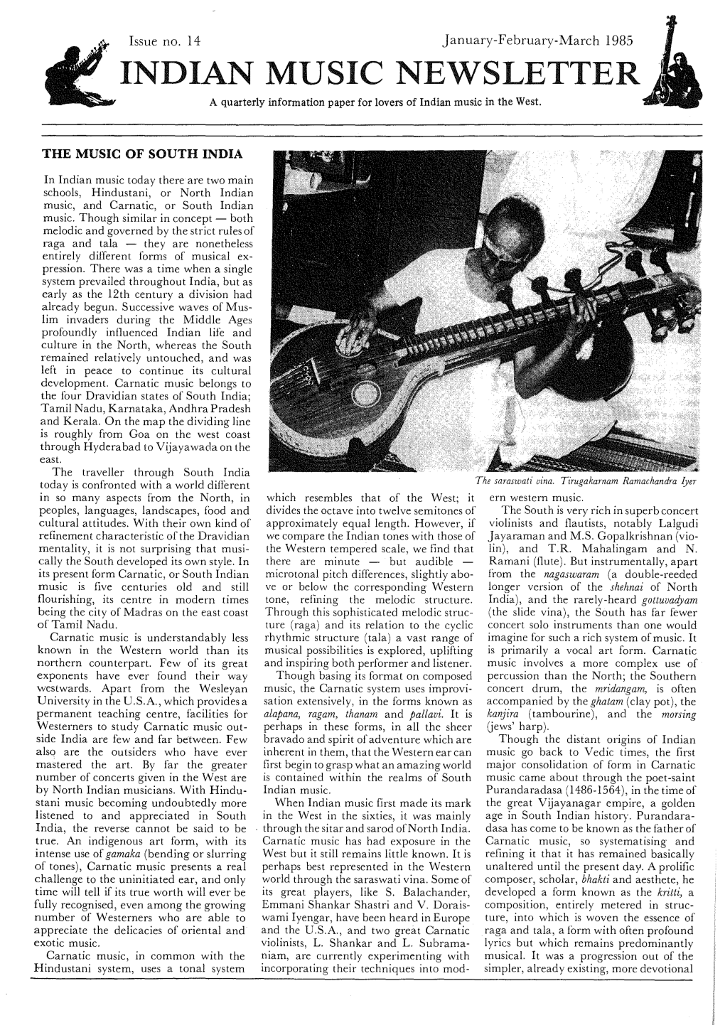 INDIAN MUSIC NEWSLETTER a Quarterly Information Paper for Lovers of Indian Music in the West