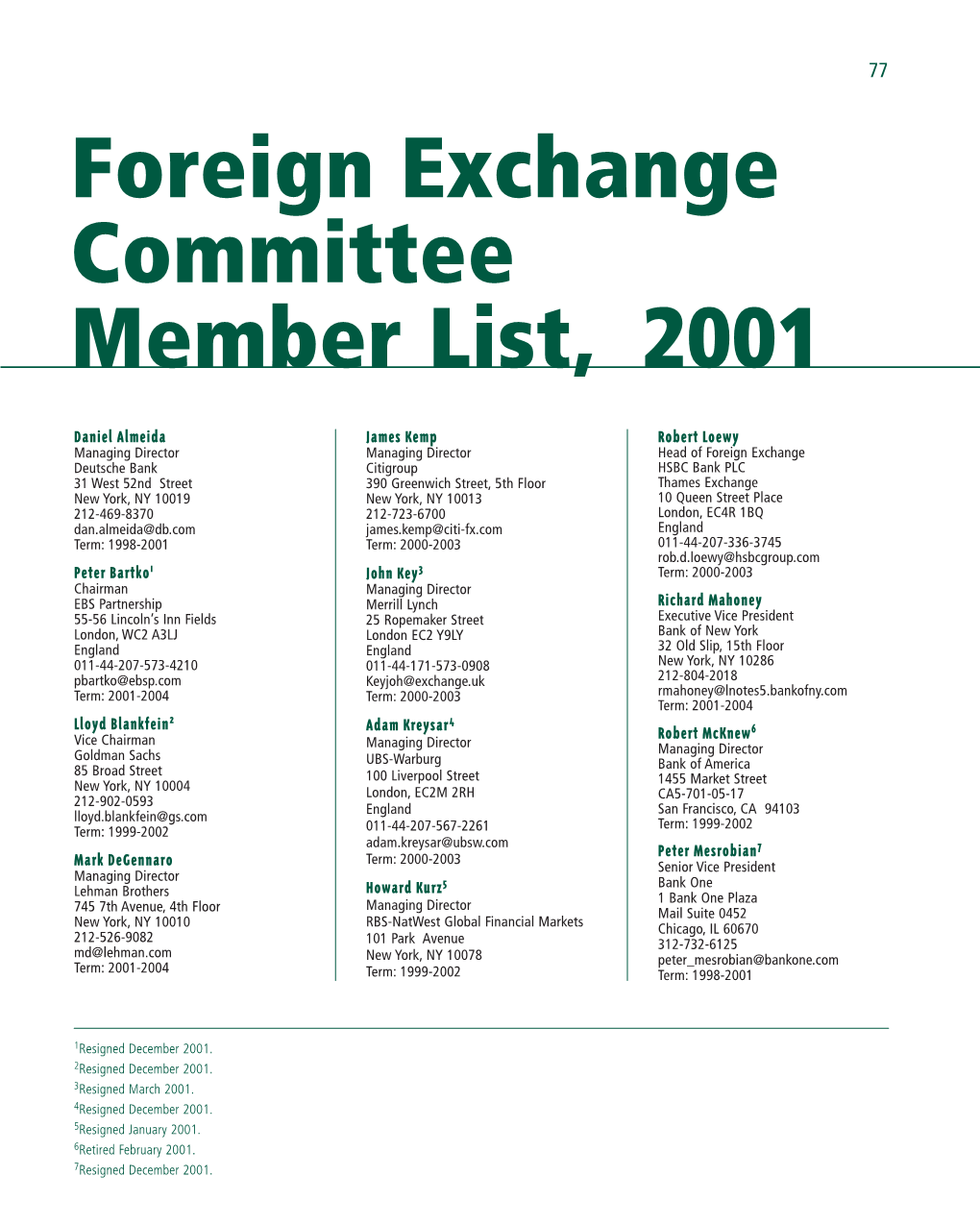 Foreign Exchange Committee Member List, 2001