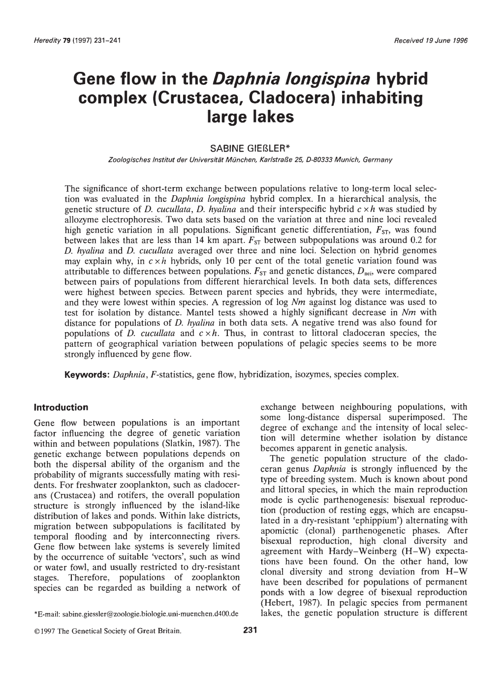 Gene Flow in the Daphnia Longispina Hybrid Complex (Crustacea, Cladocera) Inhabiting Large Lakes