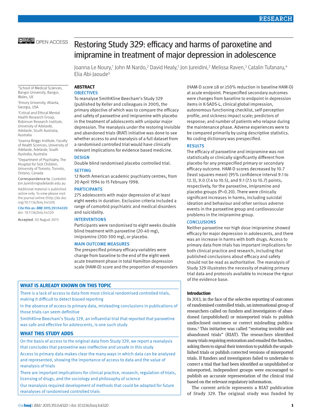 Efficacy and Harms of Paroxetine And