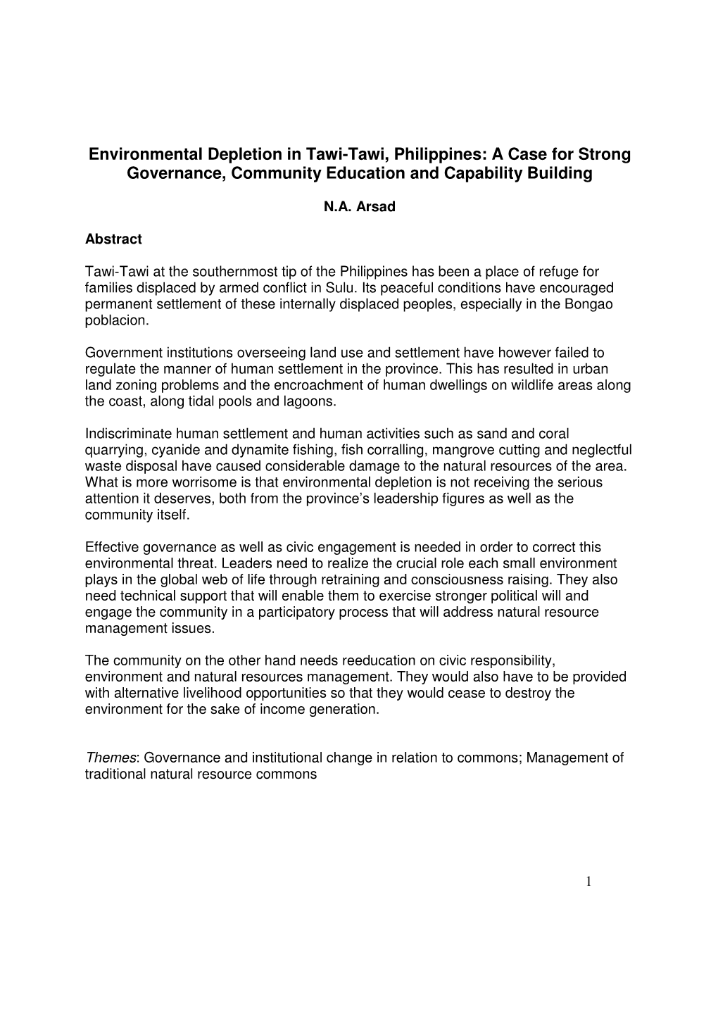 Environmental Depletion in Tawi-Tawi, Philippines: a Case for Strong Governance, Community Education and Capability Building