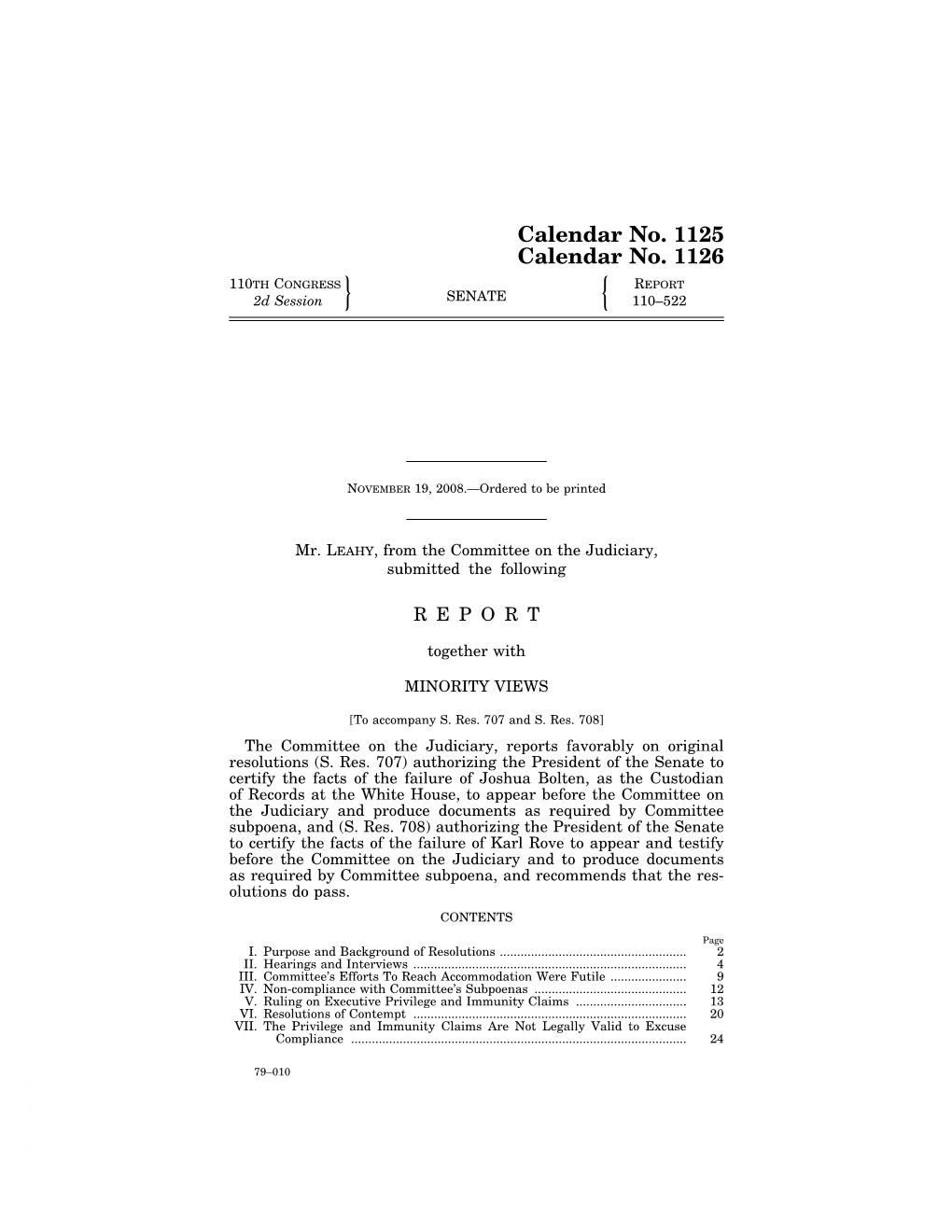 Report on Resolutions Finding Joshua Bolten and Karl Rove in Contempt of Congress