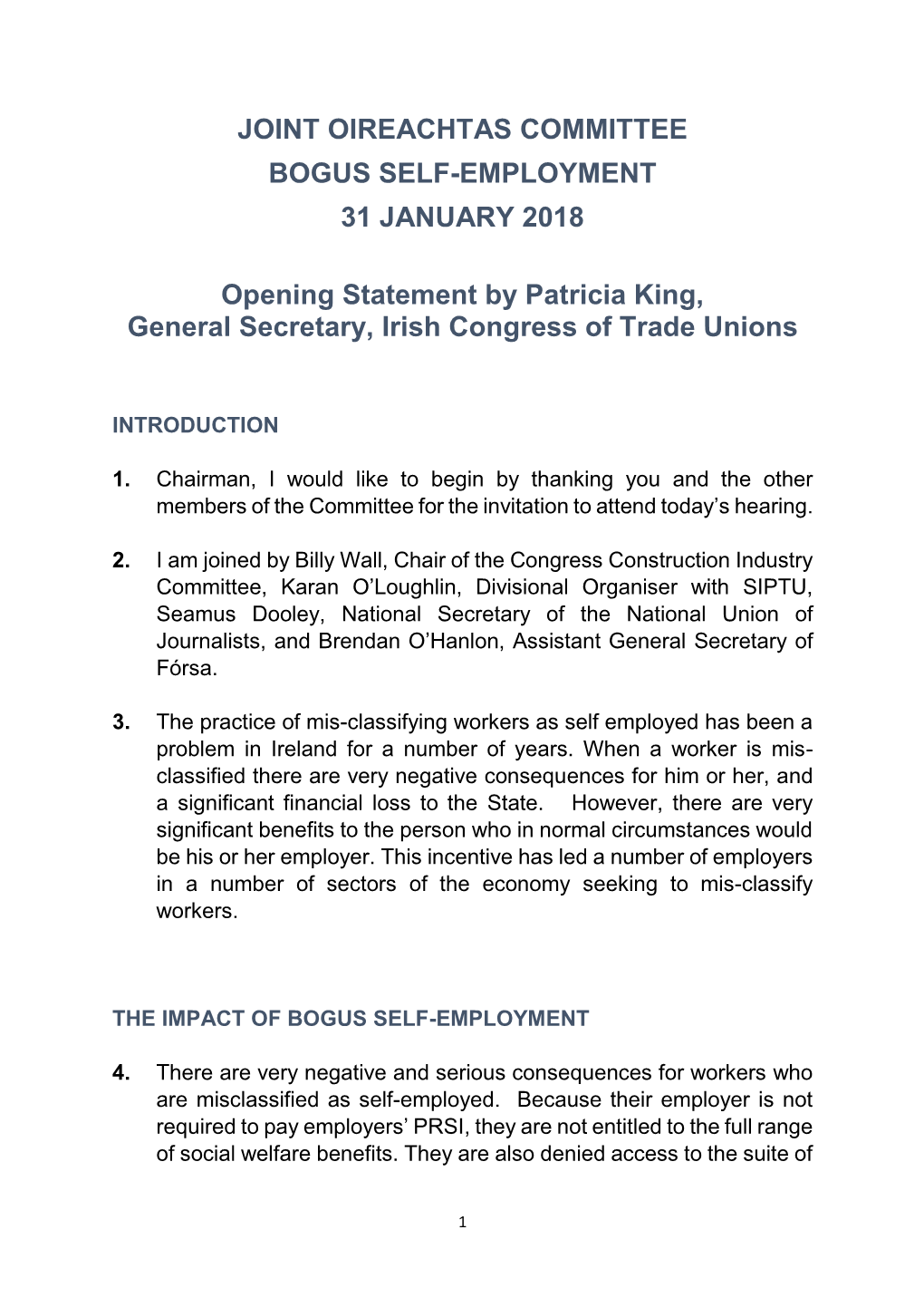 Joint Oireachtas Committee Bogus Self-Employment 31 January 2018