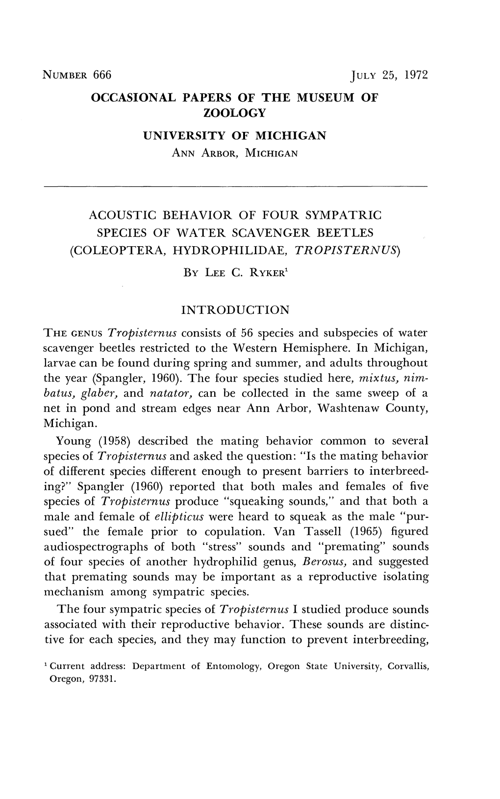 Acoustic Behavior of Four Sympatric Species of Water Scavenger Beetles (Coleoptera, Hydrophilidae, Tropzsternus) by Lee C