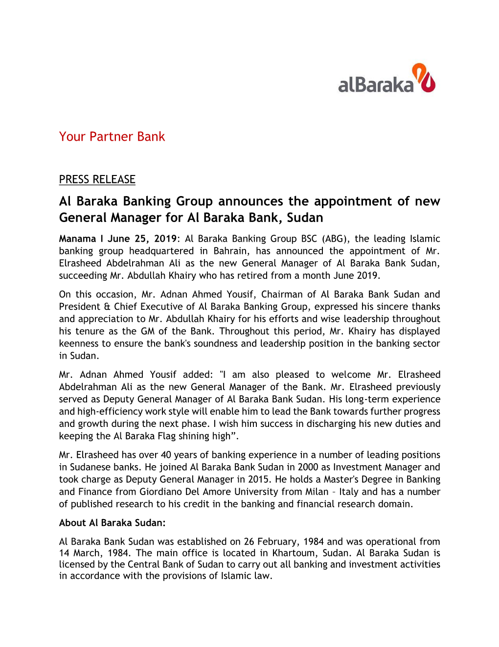 Your Partner Bank Al Baraka Banking Group Announces the Appointment of New General Manager for Al Baraka Bank, Sudan