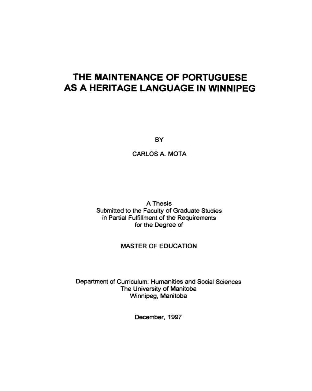 The Maintenance of Portuguese As a Heritage Language in Winnipeg