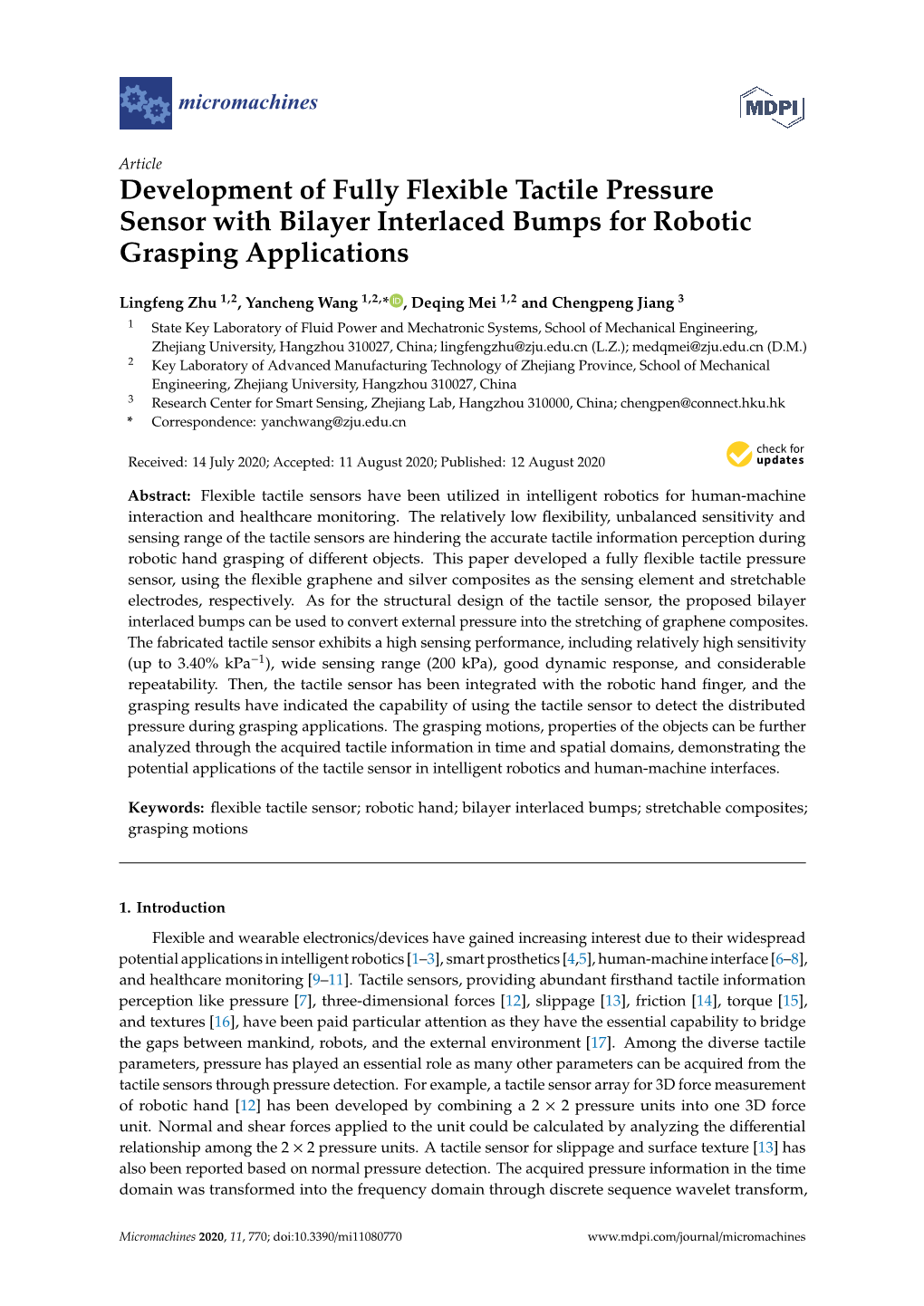 Development of Fully Flexible Tactile Pressure Sensor with Bilayer Interlaced Bumps for Robotic Grasping Applications