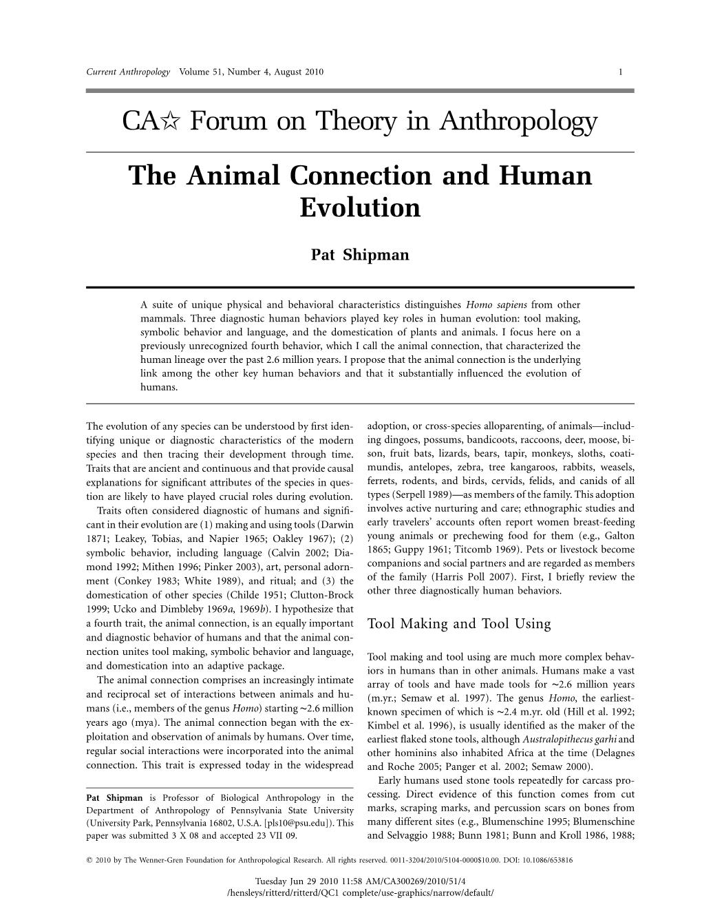 CA Forum on Theory in Anthropology the Animal Connection And