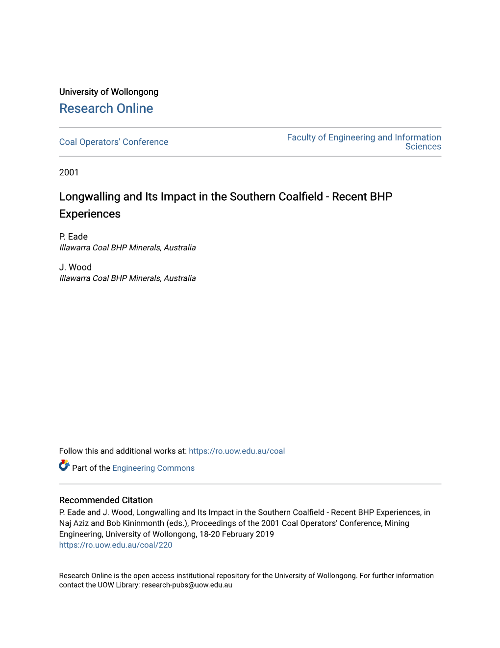 Longwalling and Its Impact in the Southern Coalfield - Recent BHP Experiences