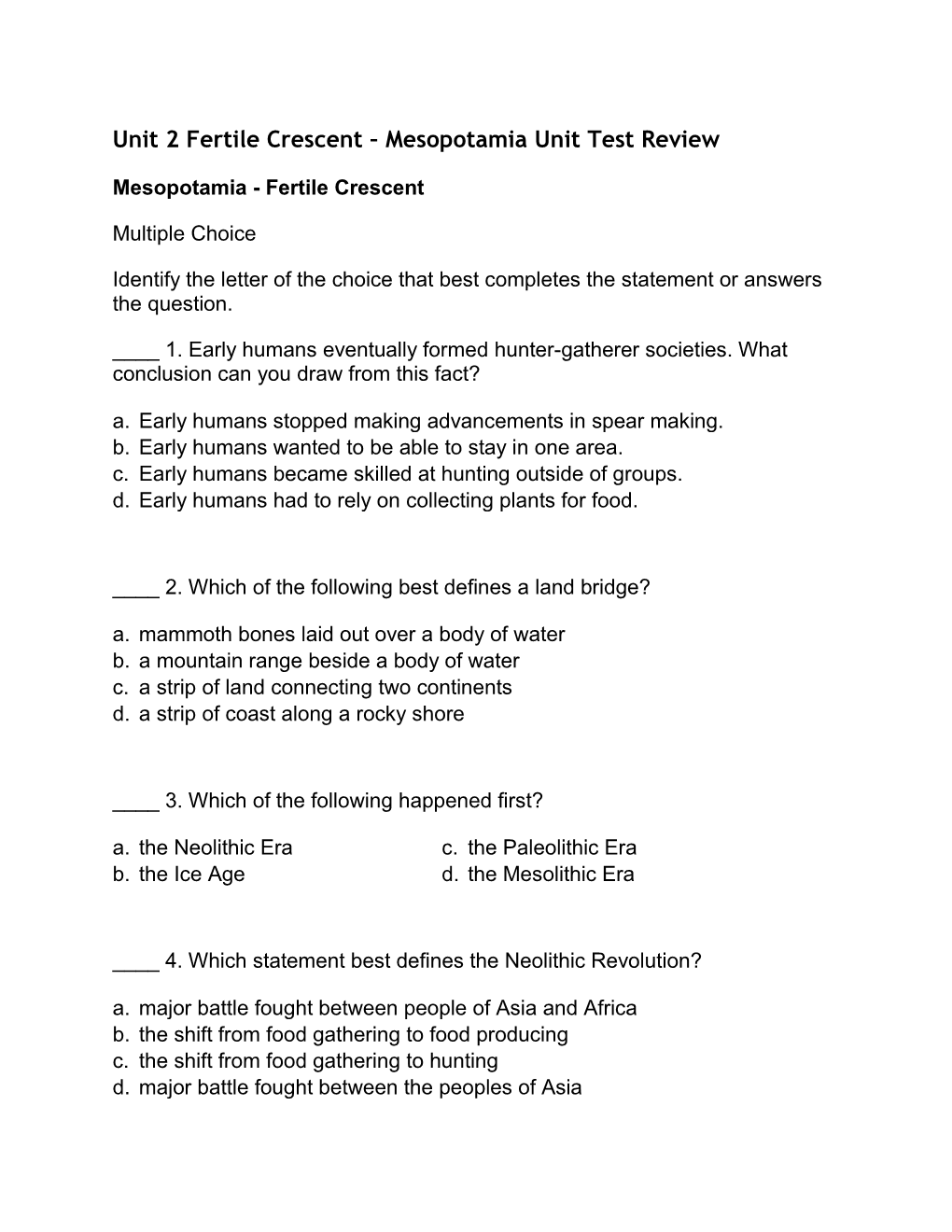 Unit 2 Fertile Crescent – Mesopotamia Unit Test Review